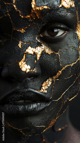 Close-up portrait of a beautiful woman with black skin and golden paint on her face