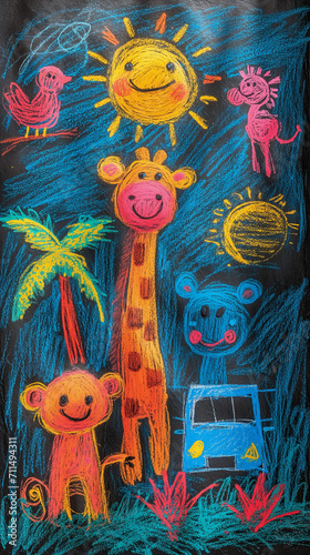 Safari adventure with jeeps and wild animals with chalk by Generative AI.