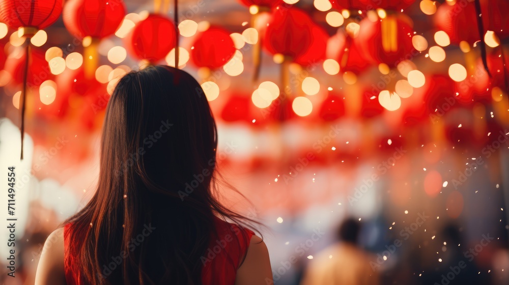 Asian woman celebrating new year eve on a blurred holiday background. View from the back