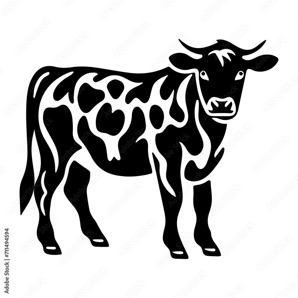Pet cow in linocut textured style. Isolated on white background vector illustration