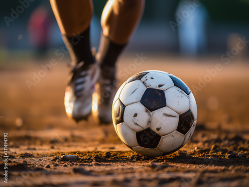 Soccer player following the soccer ball on the turf, close-up of the ball. Football Sports discipline. © Daniel