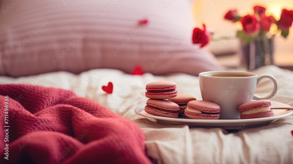 Breakfast in bed for Valentine's Day, tea and pink macaron, blurred background