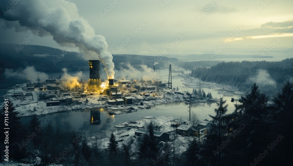 Amidst a serene winter landscape, a towering factory billows smoke into the polluted sky, its power station and steam obscuring the nearby mountains and trees