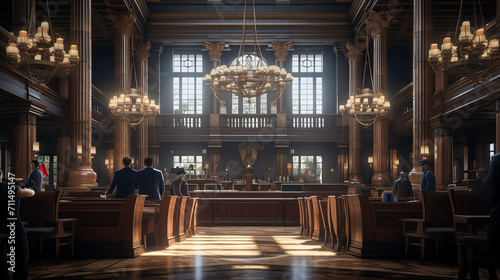 Majestic Courthouse Grandeur, Elegant, large courtroom with stunning wooden architecture and grand chandeliers, embodying the gravity and decorum of judicial proceedings © Viktorikus