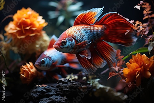 A vibrant goldfish gracefully navigates through a lush underwater world, surrounded by an array of colorful marine life and adorned with beautiful aquarium decor