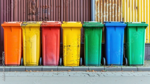 Colorful Row of Recycling Bins Lined Up for Waste Separation. © Juan