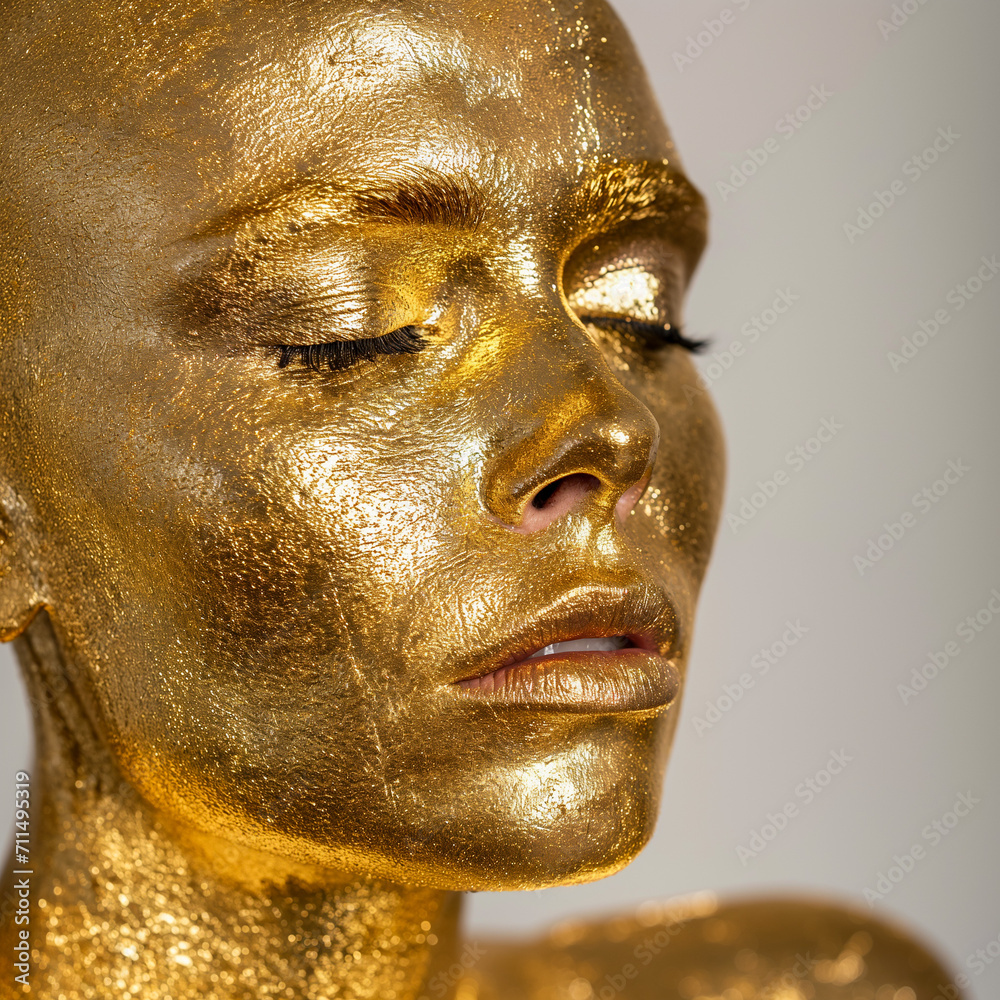 Calming Rhythms - A close-up of the gold-coated woman against a gray backdrop, seeking the flow of life Calming Rhythms - A close-up of the gold-coated woman against a gray backdrop, seeking the flow of life