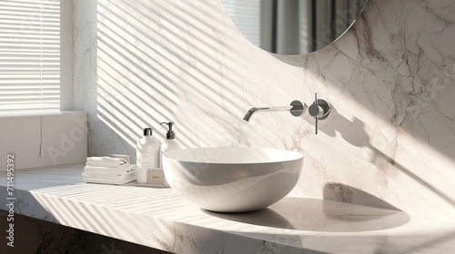 Realistic 3D render close up perspective blank empty marble counter top for product display with modern white ceramic wash basin and faucet. Morning sunlight and blind curtains shadow on granite wall.