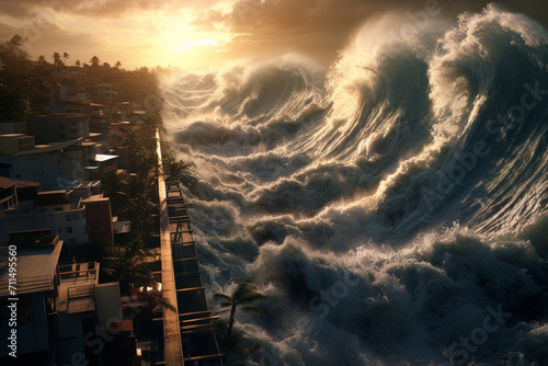 illustration of huge tsunami waves and coastal city. Created with Generative AI photo