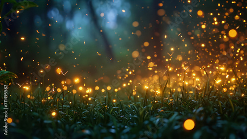 beautiful bokeh on the grass in the forest at night