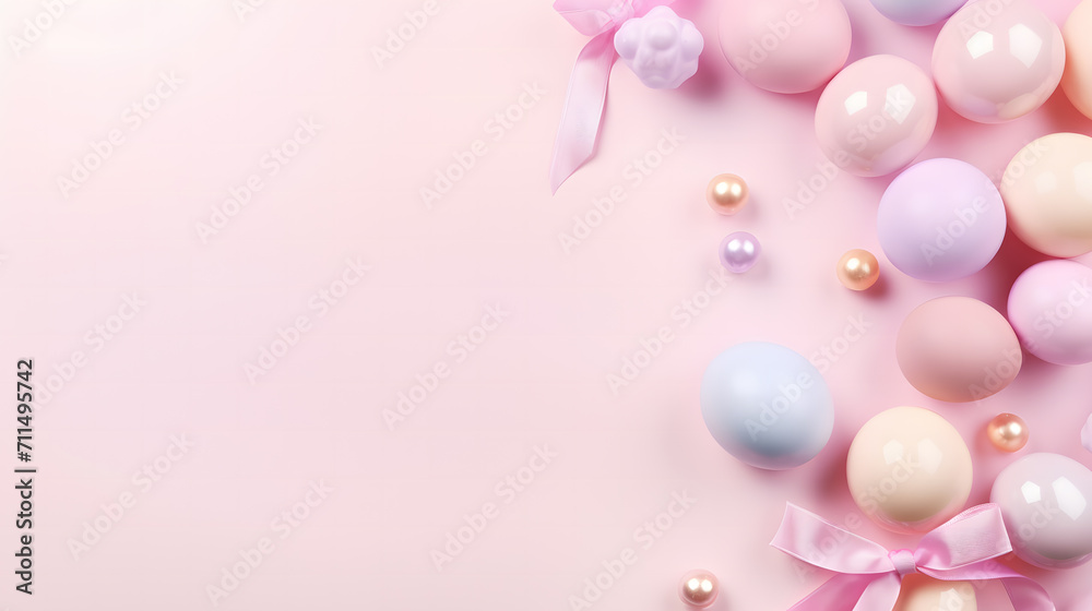 An easter card with pastel eggs, pastel background, top view,space for text, Isolated. wallpaper and background.