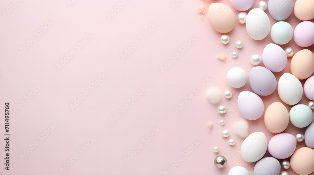 An easter card with pastel eggs, pastel background, top view,space for text, Isolated. wallpaper and background. An easter card with pastel eggs, pastel background, top view,space for text, Isolated. wallpaper and background.