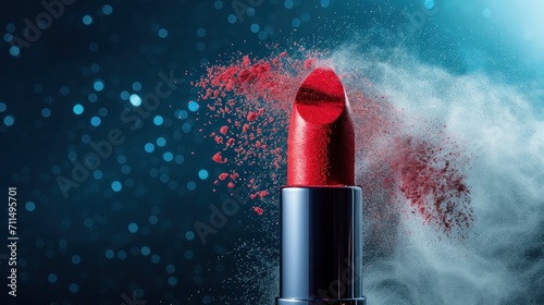 Red lipstick, floating powder and blur gradient background 