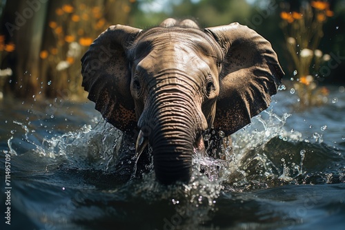 An enormous indian elephant joyfully cools off in a crystal clear pool, sending ripples of excitement through the surrounding wildlife and creating a serene outdoor oasis © familymedia