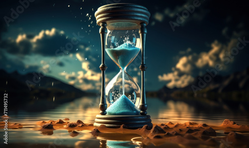 Surreal hourglass with ocean waves trapped inside, symbolizing time, nature's cycles, environmental conservation, and the fleeting essence of life photo