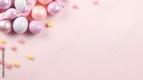 An easter card with pastel eggs, pastel background, top view,space for text, Isolated. wallpaper and background.