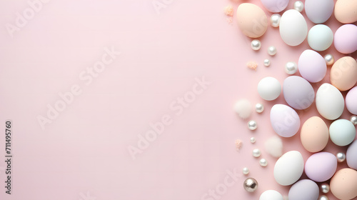An easter card with pastel eggs  pastel background  top view space for text  Isolated. wallpaper and background.
