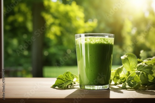 Healthy green smoothie in glass on wooden table with fresh kitchen greenery for breakfast or snack