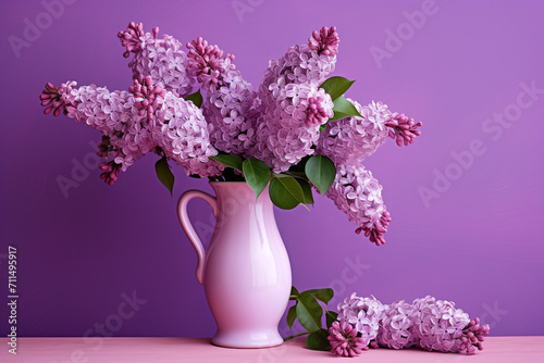 illustration of a vase with purple lilacs on a lilac background. Created with Generative AI