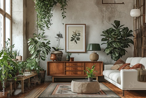 Warm and Cozy Composition of spring living room interior with mock-up poster frame, wooden sideboard, white sofa, green stand, base with leaves, plants, and stylish lamp, Home Decor