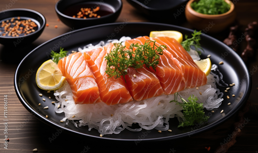 Delicious sashimi slices on a black plate with shredded daikon, lemon wedges, green seaweed, and soy sauce, a traditional Japanese delicacy Delicious sashimi slices on a black plate with shredded daikon, lemon wedges, green seaweed, and soy sauce, a traditional Japanese delicacy
