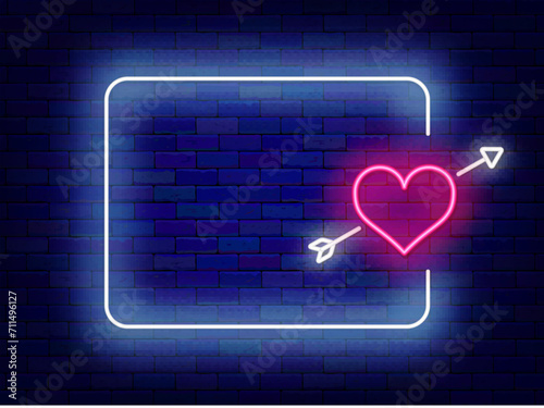 Happy Valentines day neon greeting card. Heart with cupid arrow and white empty frame. Vector stock illustration