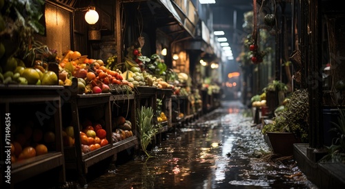 Fotografia A bustling marketplace, illuminated by the city lights, overflows with an abunda