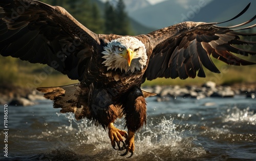A majestic bald eagle gracefully soars over a serene river, its sharp beak and stunning feathered wings capturing the beauty of nature and freedom photo