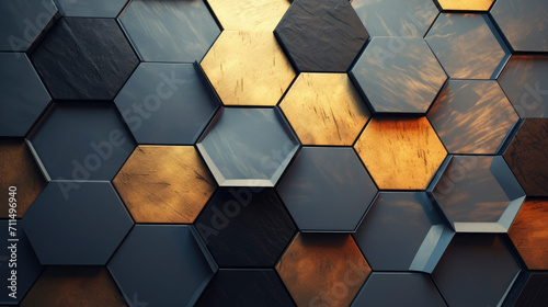 Closeup of black and golden polygons in layers 3d, as modern shining background pattern design, business or art