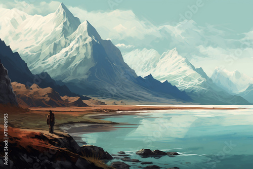 Landscape illustration of valley with a snow rock mountains. Created with Generative AI