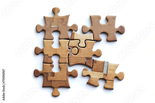 Jigsaw puzzle pieces isolated on white background. Top view. Copy space.