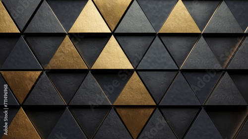 Closeup of black and golden triangles in layers 3d, as modern shining background pattern design, business or art