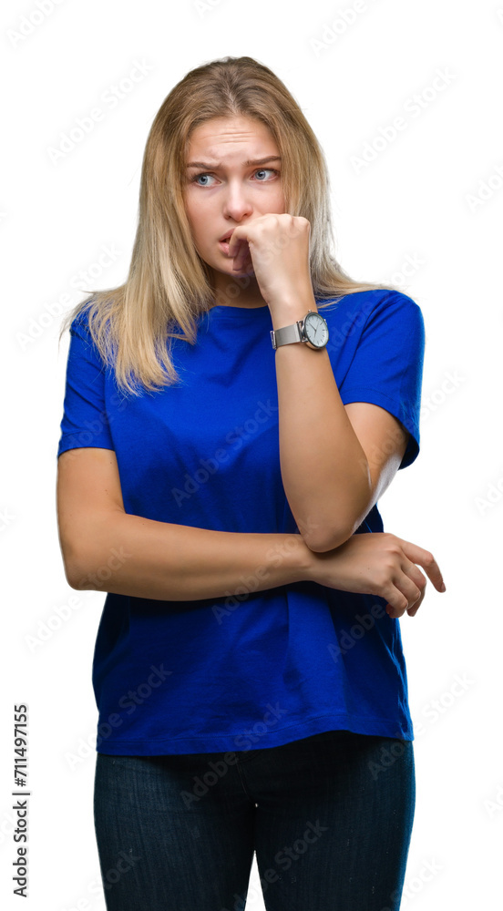 Young caucasian woman over isolated background looking stressed and nervous with hands on mouth biting nails. Anxiety problem.