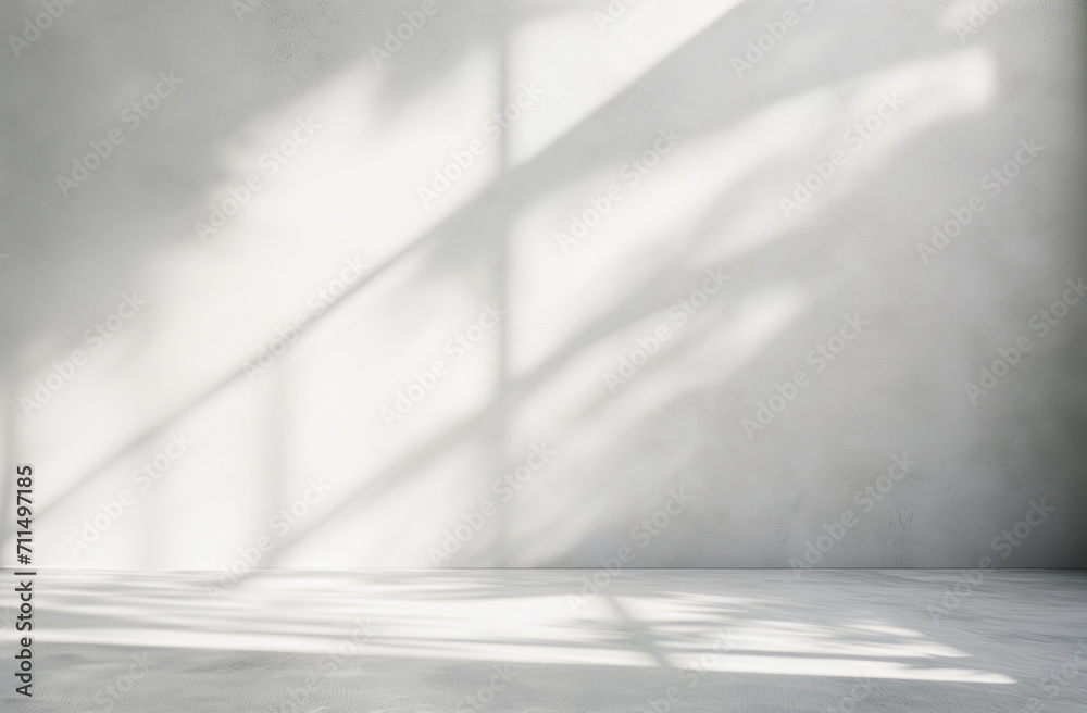 Blank empty white wall and floor studio with natural leaves shadow overlay mockup background for design, product montage display Blank empty white wall and floor studio with natural leaves shadow overlay mockup background for design, product montage display
