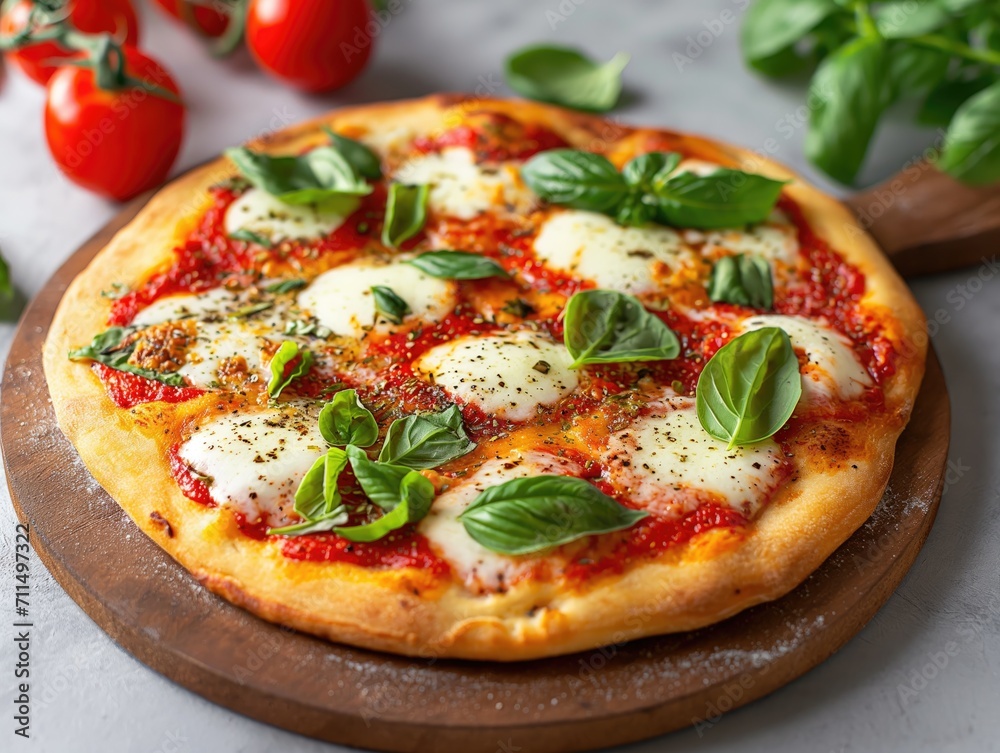 pizza margherita served on a wooden board . generative ai pizza margherita served on a wooden board . generative ai