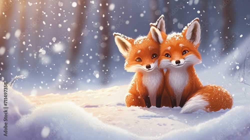 two small cute foxes in the snow,illustration,animals in the snow     