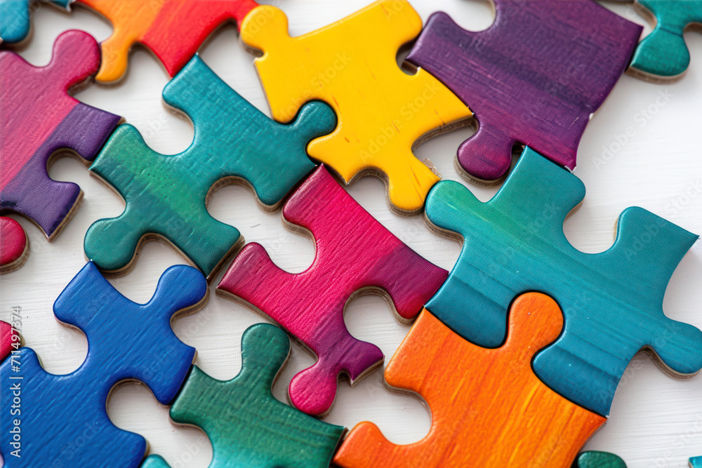 Colorful wooden puzzle pieces on white wooden background. Close up. Colorful wooden puzzle pieces on white wooden background. Close up.