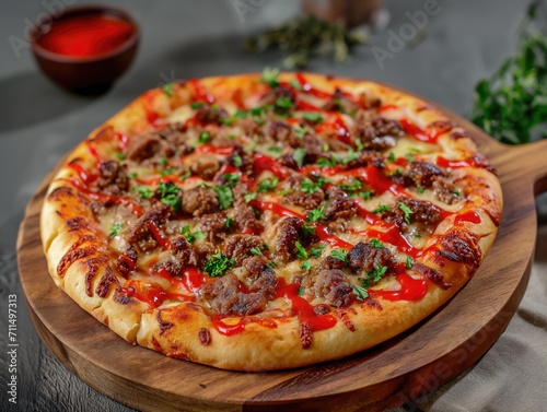 pizza with kebab meat scraps and spicy red sauce servedon a wooden cutting board . generative ai