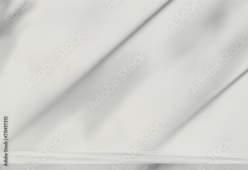 Blank empty white wall studio with natural leaves shadow overlay mockup background for design, product montage display