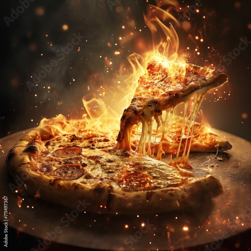 pizza concept with bursting fiery effects . generative ai