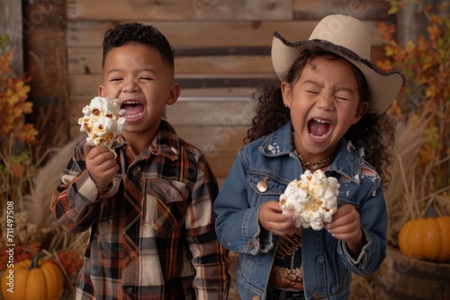 Kids savoring gooey candy-coated popcorn, a delightful and delicious scene as children relish the gooey sweetness of candy-coated popcorn.