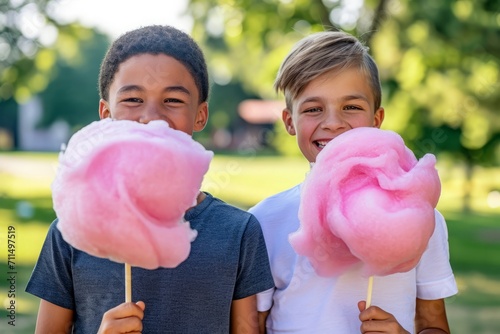 Smiling children with cotton candy delights, a charming and joyful scene as kids savor the fluffy sweetness of cotton candy.