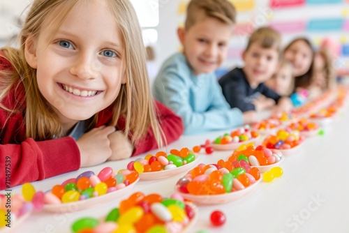 Smiling kids with jellybean-filled Easter eggs, a charming and festive scene as children celebrate Easter with colorful jellybean treasures.