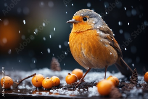 A vibrant european robin perches upon a snowy branch, its vivid orange breast contrasting against the wintry landscape, as it enjoys the nourishing berries of the season © familymedia