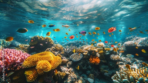 Underwater coral reef teeming with colorful sea life     © Emil