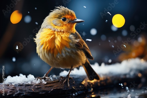 A vibrant yellow oscine stands proudly on a snow-covered branch, serenading the winter landscape with its melodic song © familymedia