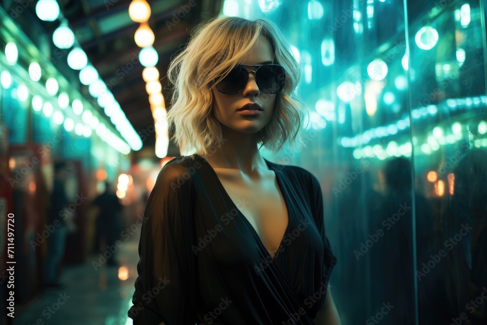 A stylish lady stands confidently on a dark city street, her hair blowing in the light of the night, as she poses for a picture in her fashionable dress and sunglasses