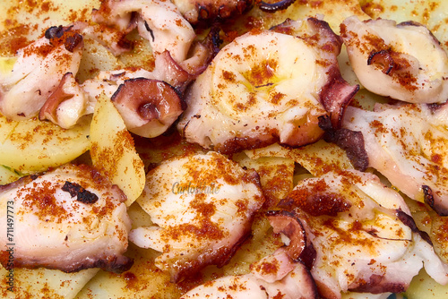 Grilled squid with potatoes on a plate on a white background.