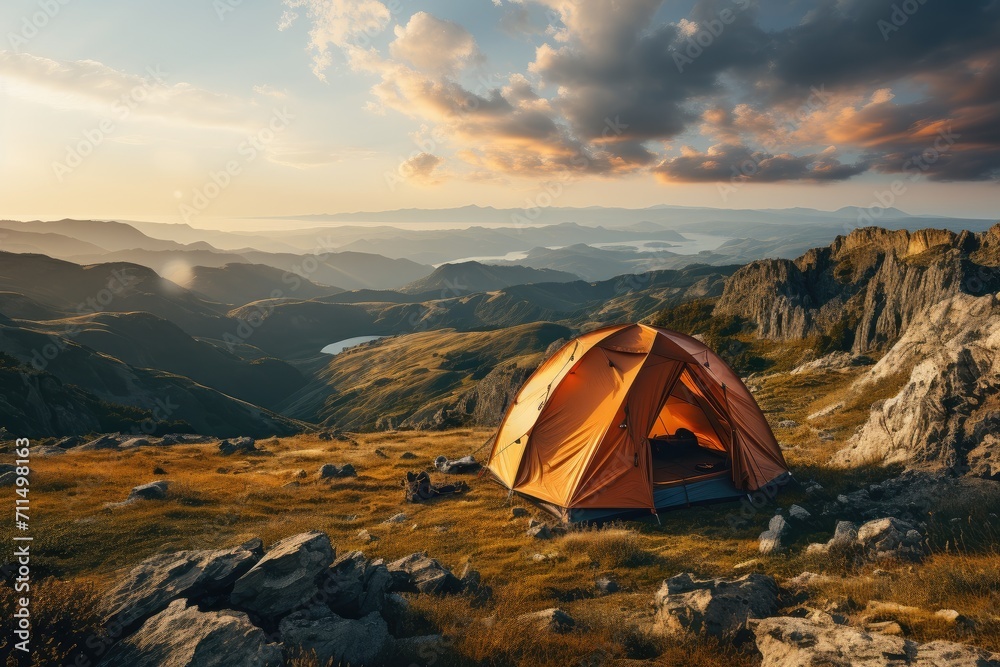 A solitary tent perched on a mountain peak, surrounded by billowing clouds and bathed in the vibrant hues of a sunset, beckoning to adventurers seeking a peaceful escape in the great outdoors
