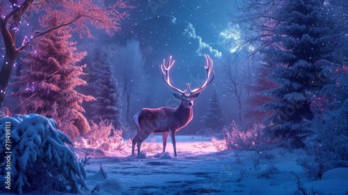 Winter Northern majestic deer in the magical winter night forest. Winter landscape with deer  big beautiful antlers  winter illumination  moonlight  neon    